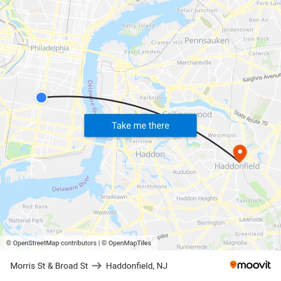 Morris St & Broad St to Haddonfield, NJ map