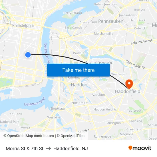 Morris St & 7th St to Haddonfield, NJ map
