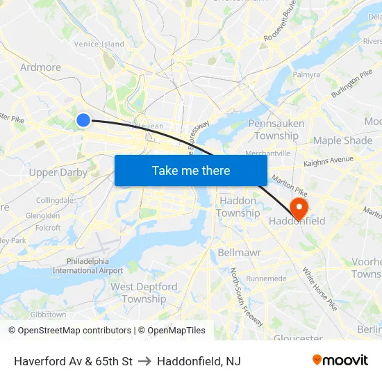 Haverford Av & 65th St to Haddonfield, NJ map