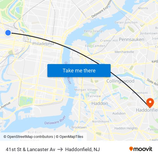 41st St & Lancaster Av to Haddonfield, NJ map