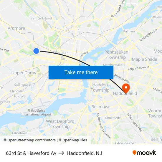 63rd St & Haverford Av to Haddonfield, NJ map
