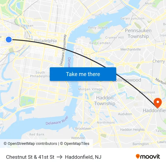 Chestnut St & 41st St to Haddonfield, NJ map