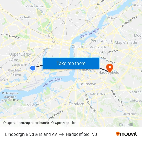 Lindbergh Blvd & Island Av to Haddonfield, NJ map