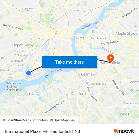 International Plaza to Haddonfield, NJ map