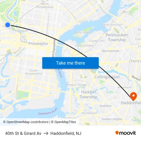 40th St & Girard Av to Haddonfield, NJ map
