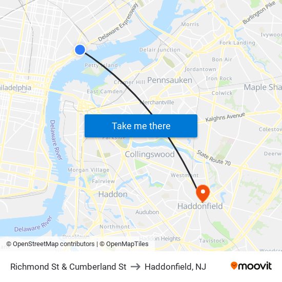 Richmond St & Cumberland St to Haddonfield, NJ map