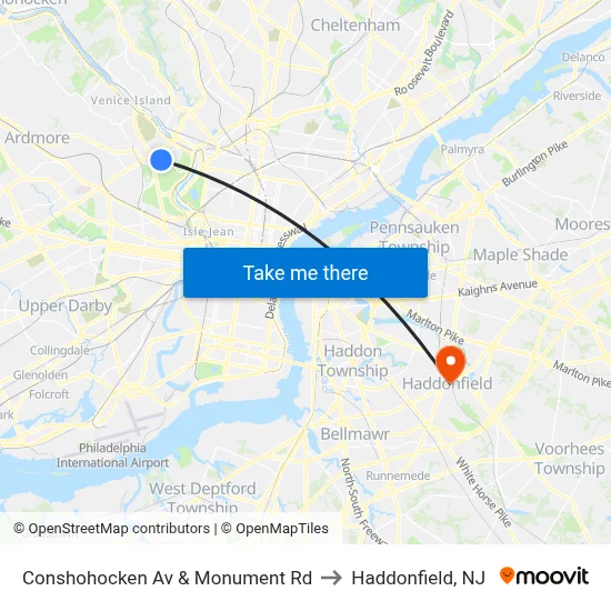 Conshohocken Av & Monument Rd to Haddonfield, NJ map