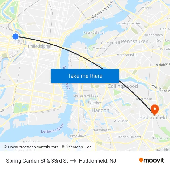 Spring Garden St & 33rd St to Haddonfield, NJ map