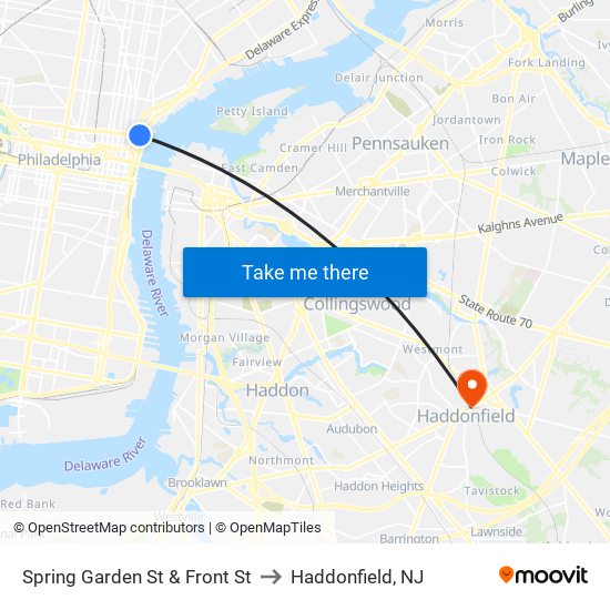 Spring Garden St & Front St to Haddonfield, NJ map