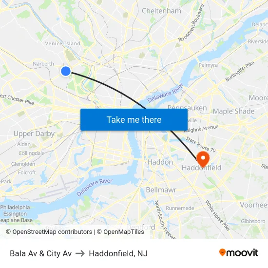 Bala Av & City Av to Haddonfield, NJ map