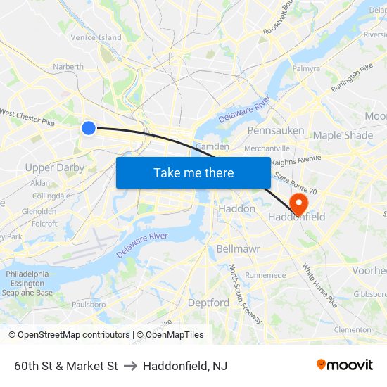 60th St & Market St to Haddonfield, NJ map