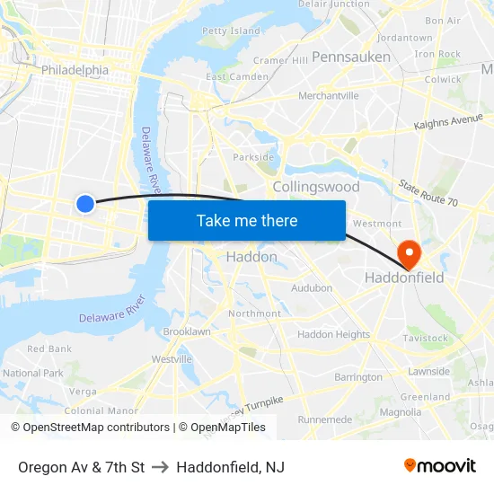Oregon Av & 7th St to Haddonfield, NJ map