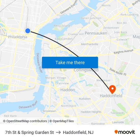 7th St & Spring Garden St to Haddonfield, NJ map