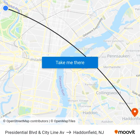 Presidential Blvd & City Line Av to Haddonfield, NJ map