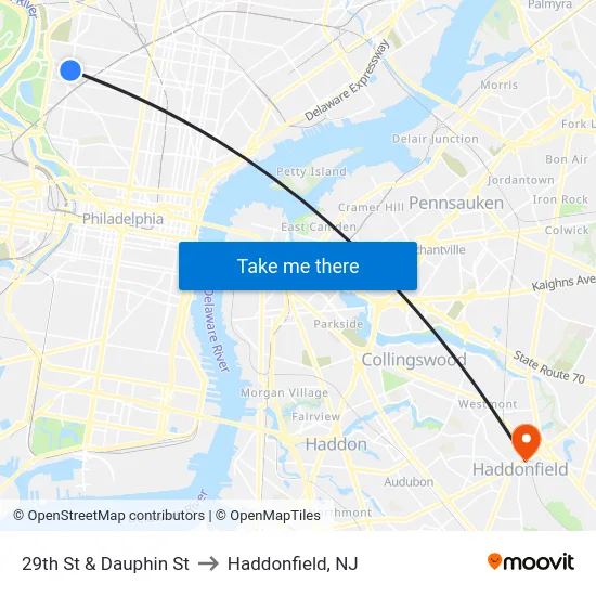 29th St & Dauphin St to Haddonfield, NJ map