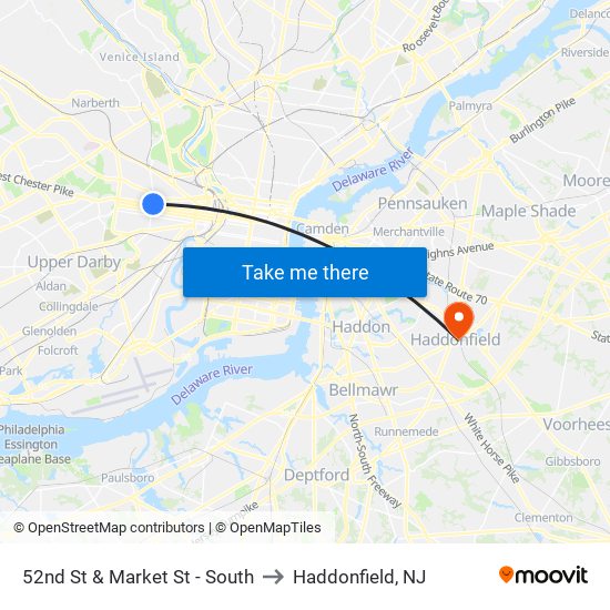 52nd St & Market St - South to Haddonfield, NJ map