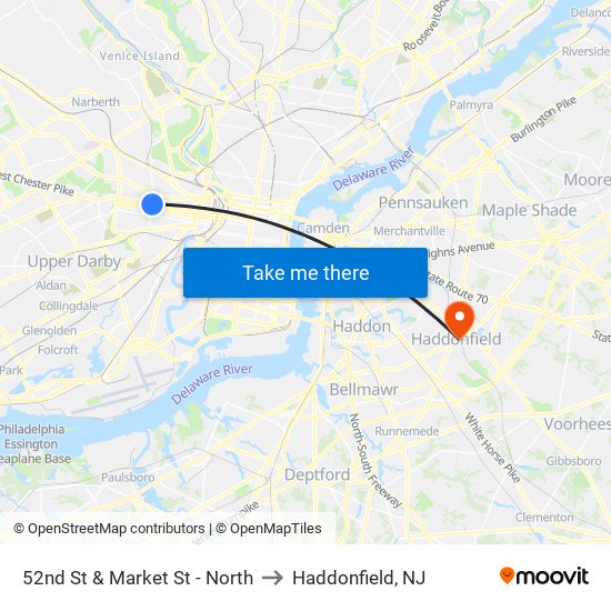 52nd St & Market St - North to Haddonfield, NJ map