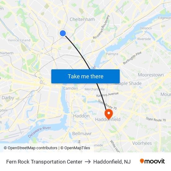Fern Rock Transportation Center to Haddonfield, NJ map