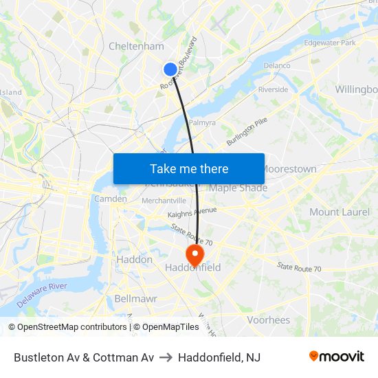 Bustleton Av & Cottman Av to Haddonfield, NJ map