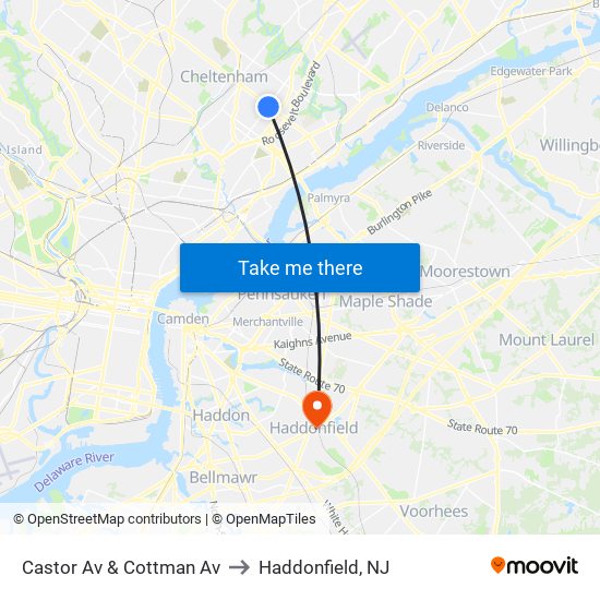 Castor Av & Cottman Av to Haddonfield, NJ map
