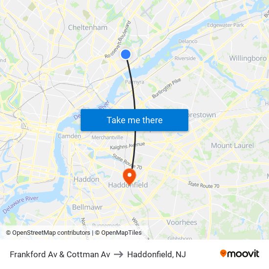 Frankford Av & Cottman Av to Haddonfield, NJ map