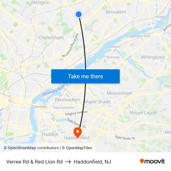 Verree Rd & Red Lion Rd to Haddonfield, NJ map