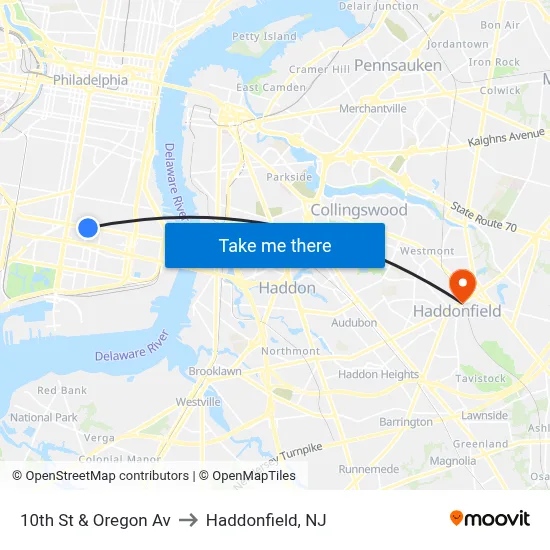 10th St & Oregon Av to Haddonfield, NJ map