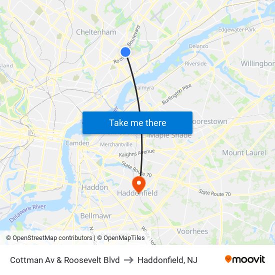 Cottman Av & Roosevelt Blvd to Haddonfield, NJ map