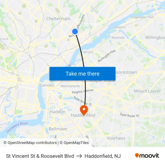 St Vincent St & Roosevelt Blvd to Haddonfield, NJ map