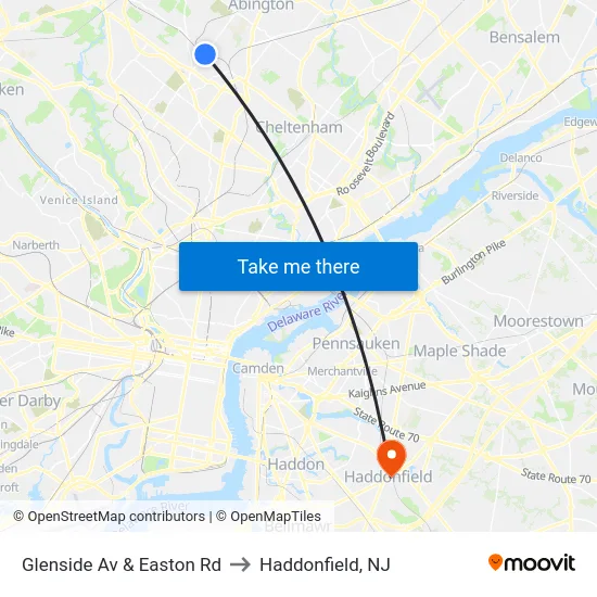 Glenside Av & Easton Rd to Haddonfield, NJ map