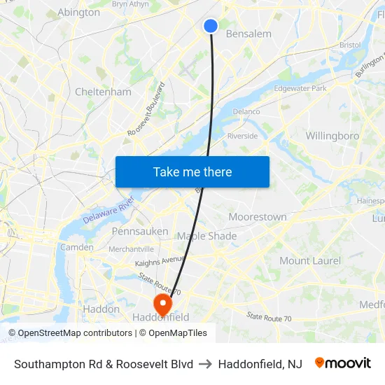 Southampton Rd & Roosevelt Blvd to Haddonfield, NJ map