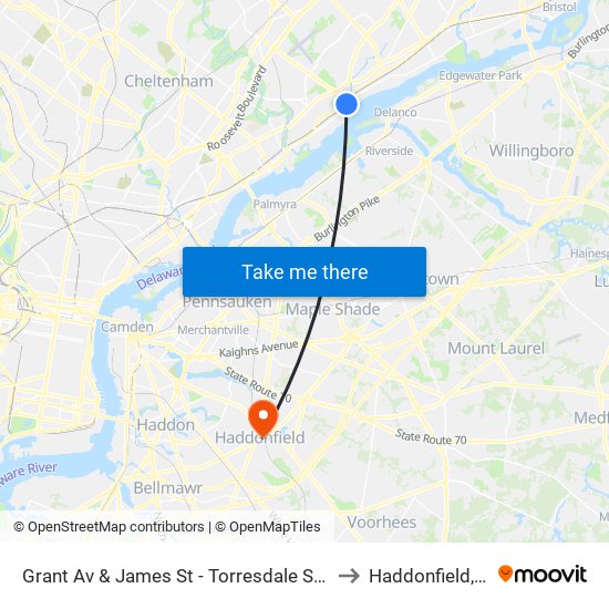 Grant Av & James St - Torresdale Station to Haddonfield, NJ map