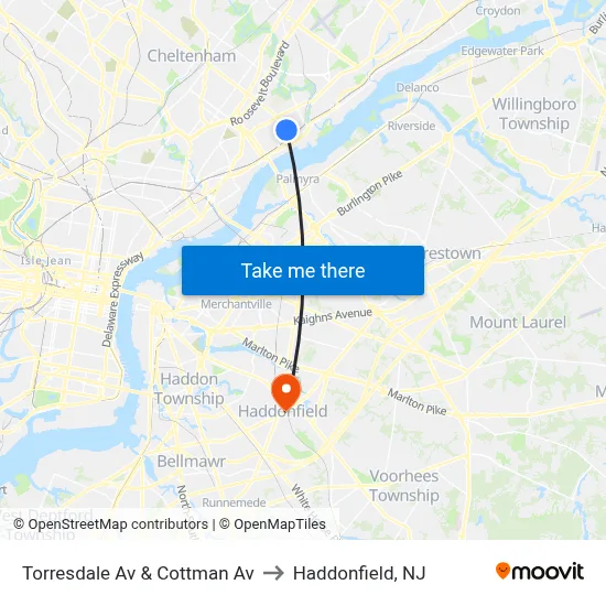 Torresdale Av & Cottman Av to Haddonfield, NJ map