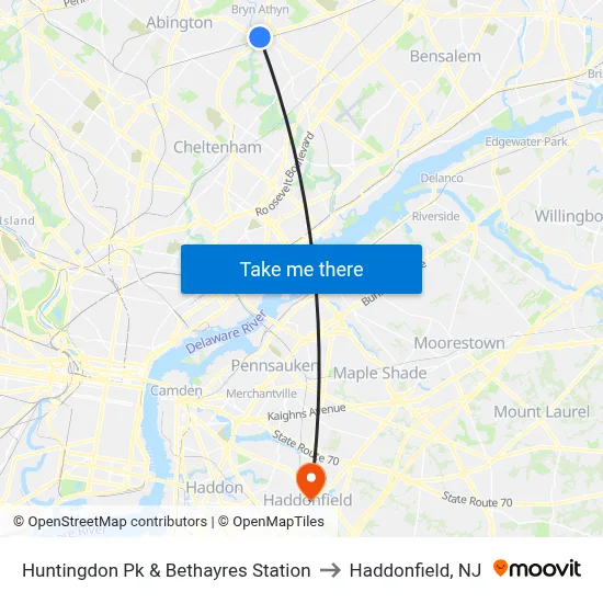 Huntingdon Pk & Bethayres Station to Haddonfield, NJ map
