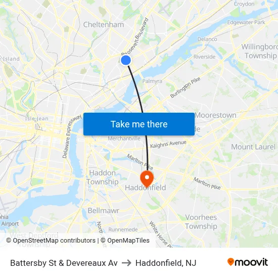 Battersby St & Devereaux Av to Haddonfield, NJ map