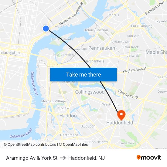 Aramingo Av & York St to Haddonfield, NJ map