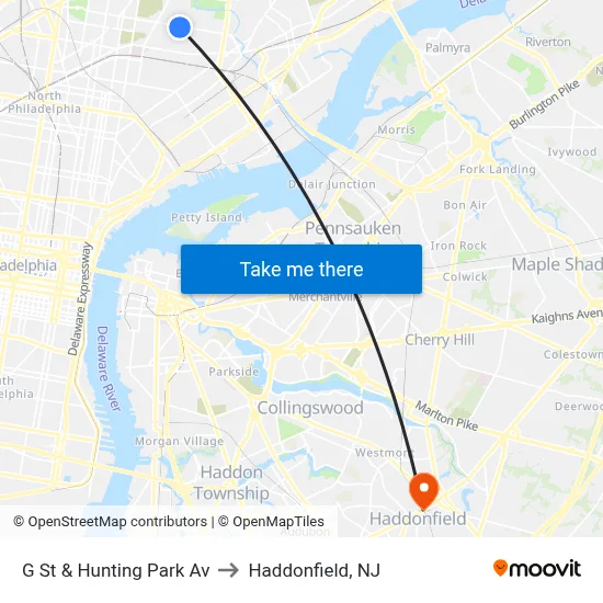 G St & Hunting Park Av to Haddonfield, NJ map