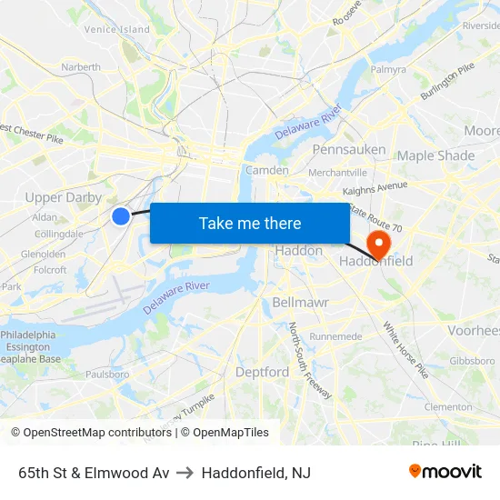 65th St & Elmwood Av to Haddonfield, NJ map