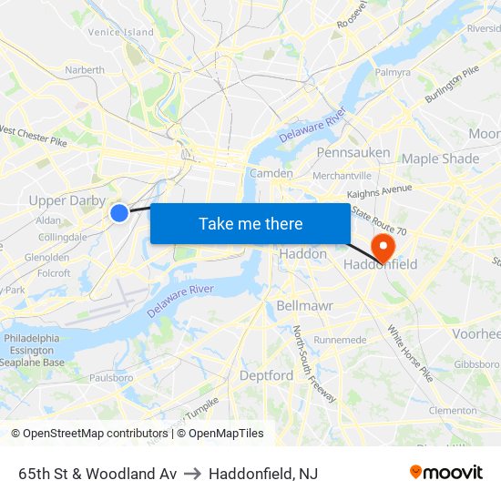 65th St & Woodland Av to Haddonfield, NJ map