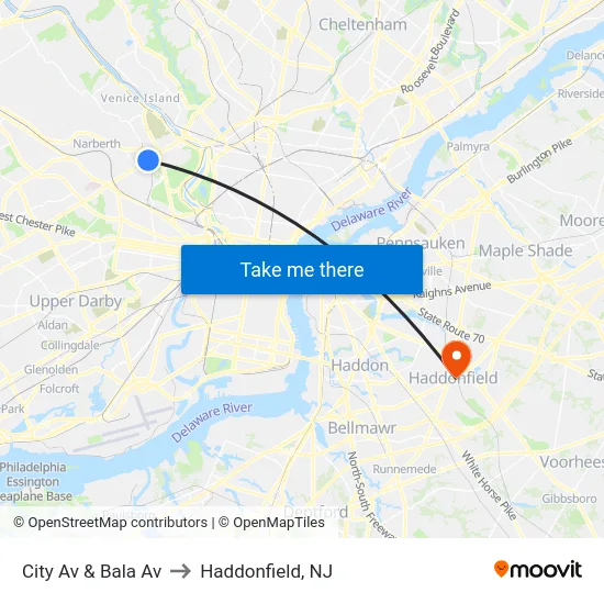 City Av & Bala Av to Haddonfield, NJ map