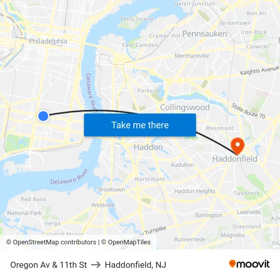 Oregon Av & 11th St to Haddonfield, NJ map
