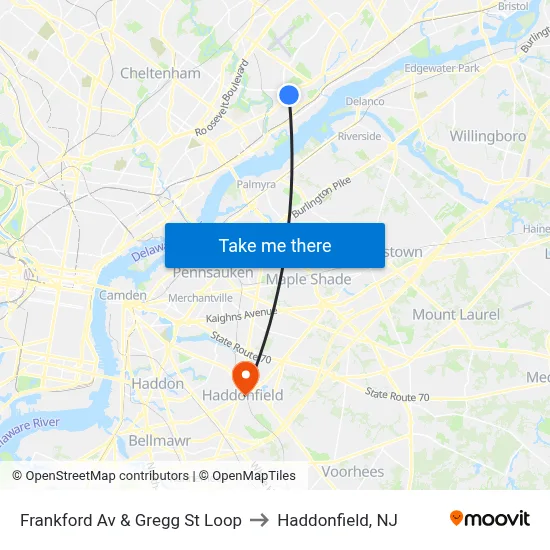 Frankford Av & Gregg St Loop to Haddonfield, NJ map