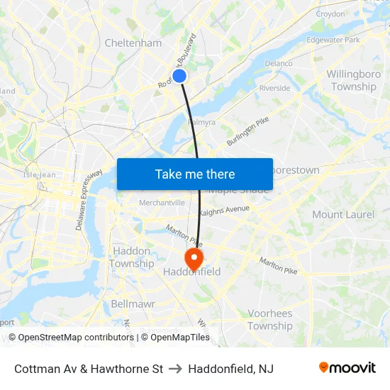 Cottman Av & Hawthorne St to Haddonfield, NJ map