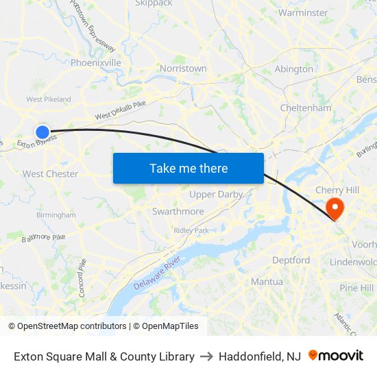 Exton Square Mall & County Library to Haddonfield, NJ map