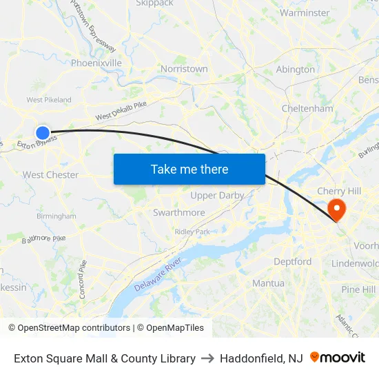 Exton Square Mall & County Library to Haddonfield, NJ map