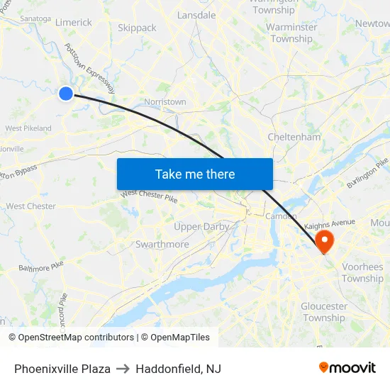 Phoenixville Plaza to Haddonfield, NJ map