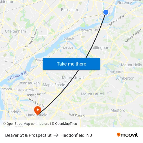 Beaver St & Prospect St to Haddonfield, NJ map