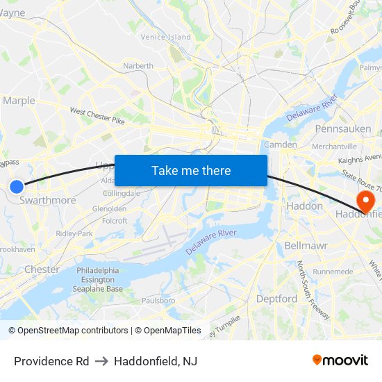Providence Rd to Haddonfield, NJ map
