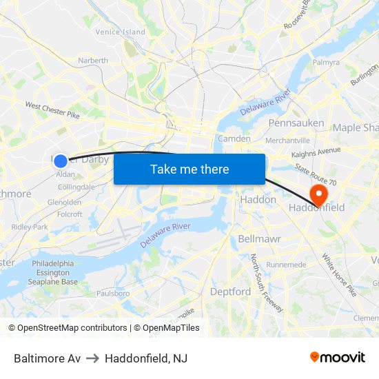 Baltimore Av to Haddonfield, NJ map