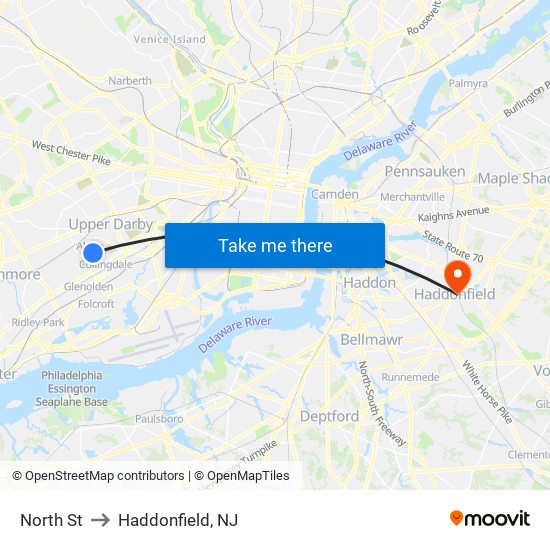 North St to Haddonfield, NJ map